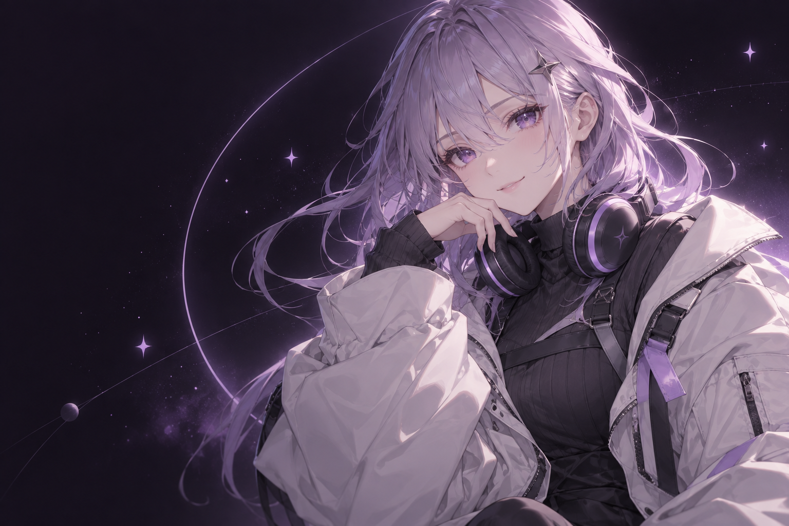 Animiyu, with silver-lilac hair, violet eyes, headphones and her signature ivory jacket