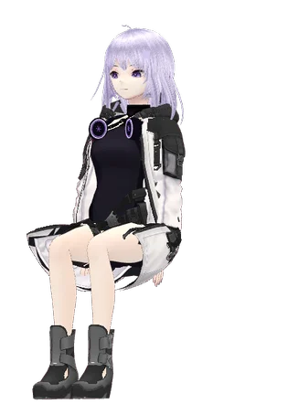 Animiyu sitting on the giant logo, swinging her legs